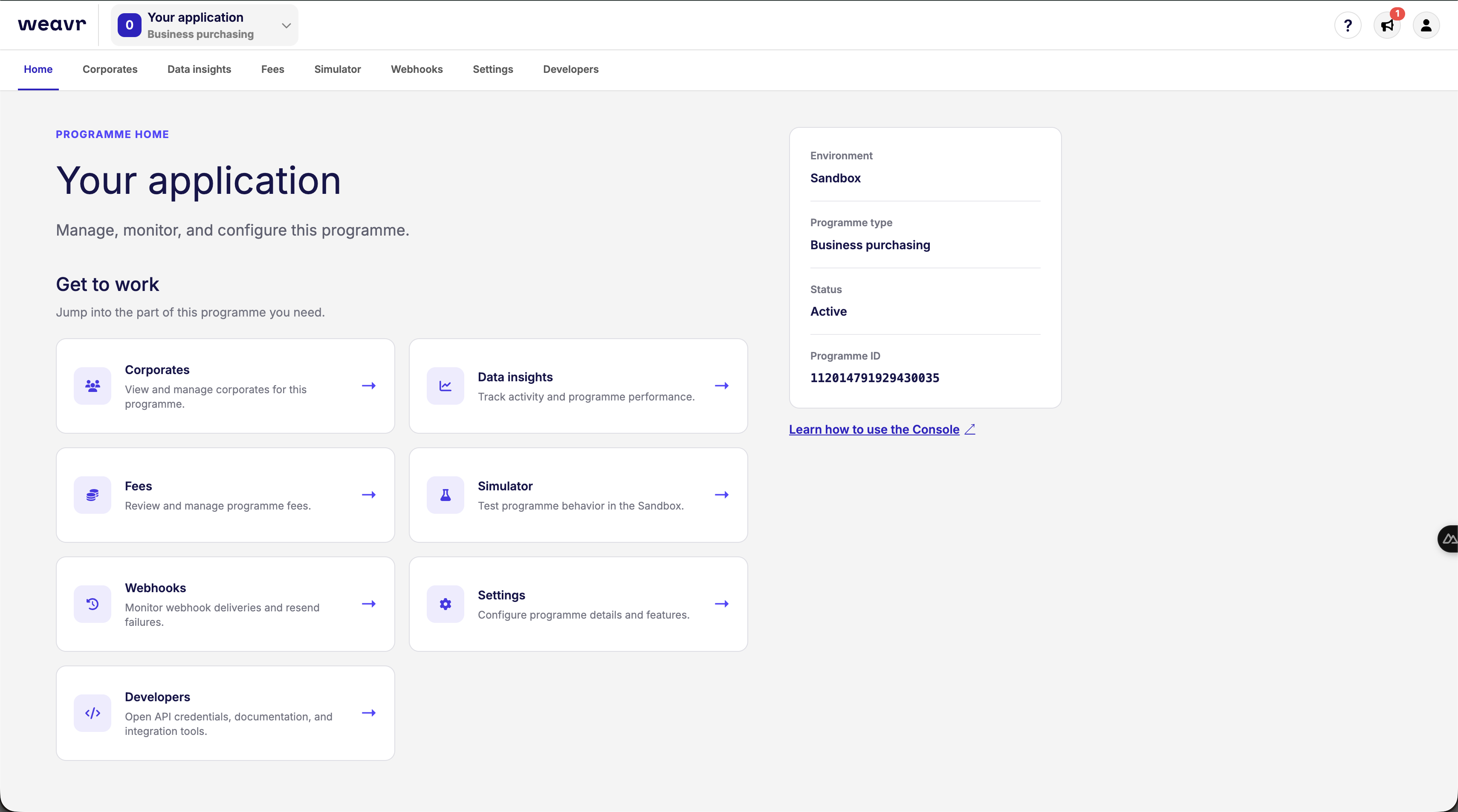 Embedder Portal Home page showing the programme selector, navigation tabs, and account menu