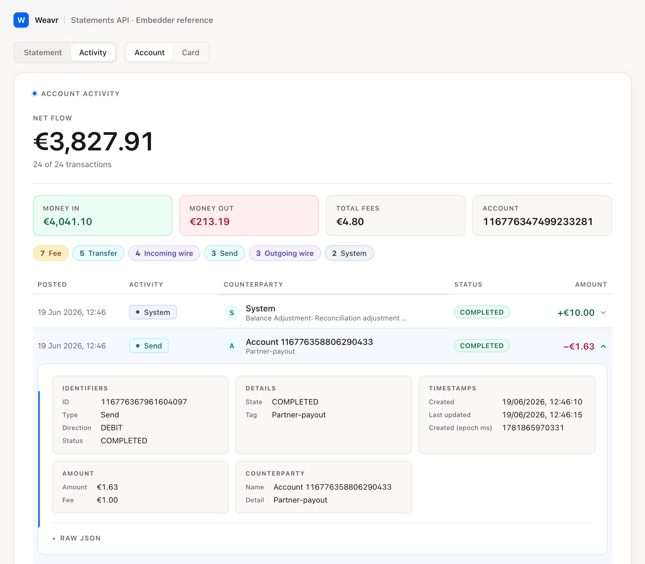 Transaction Activity Accounts UI reference implementation