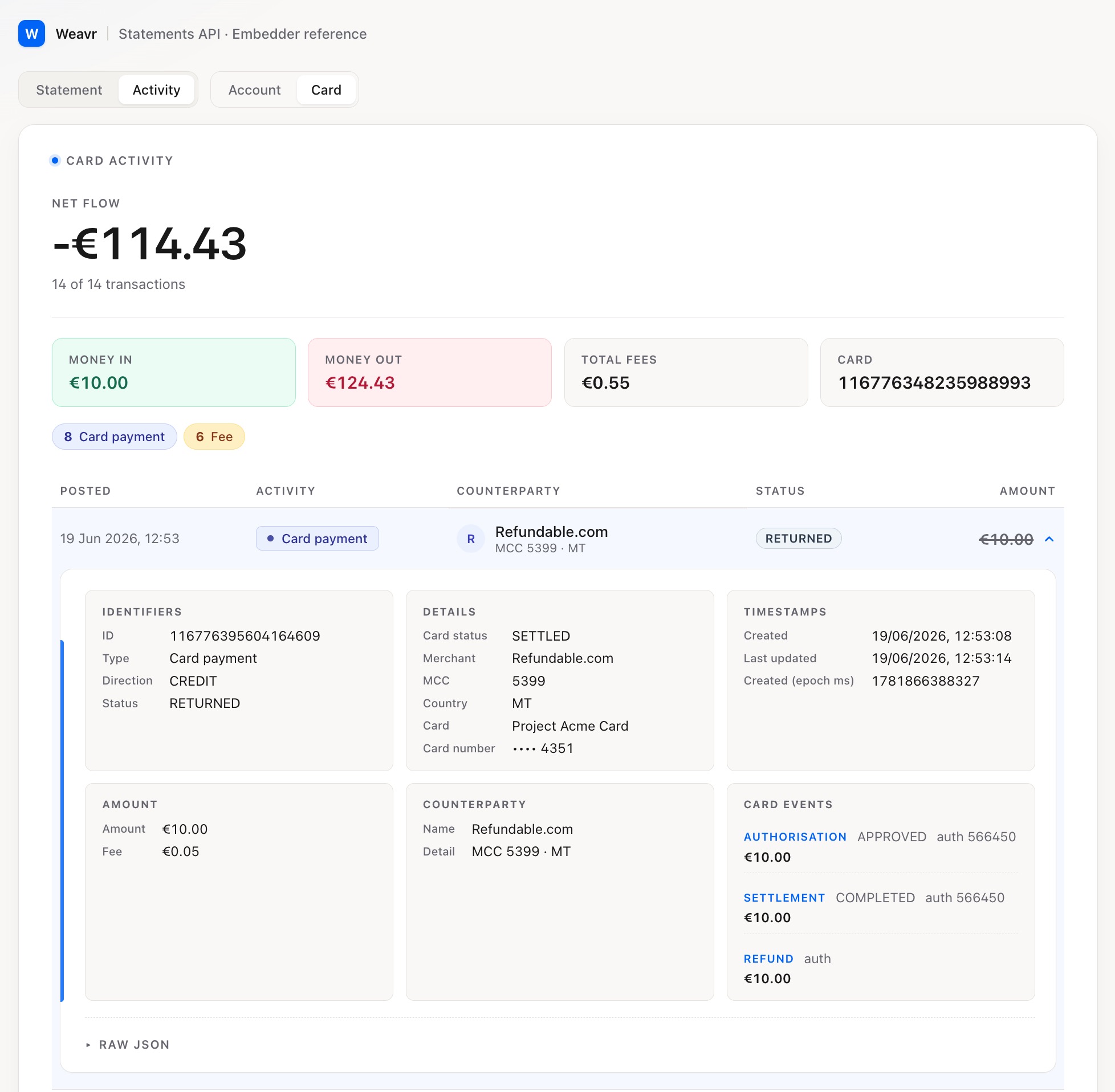 Card Activity Accounts UI reference implementation