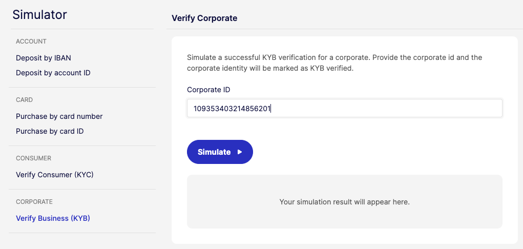 Simulator Corporate KYB Verification