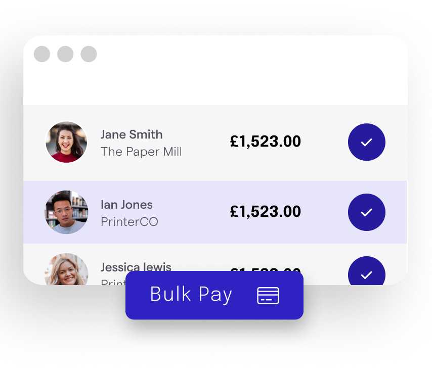 A list of payees with amounts and a Bulk Pay action button